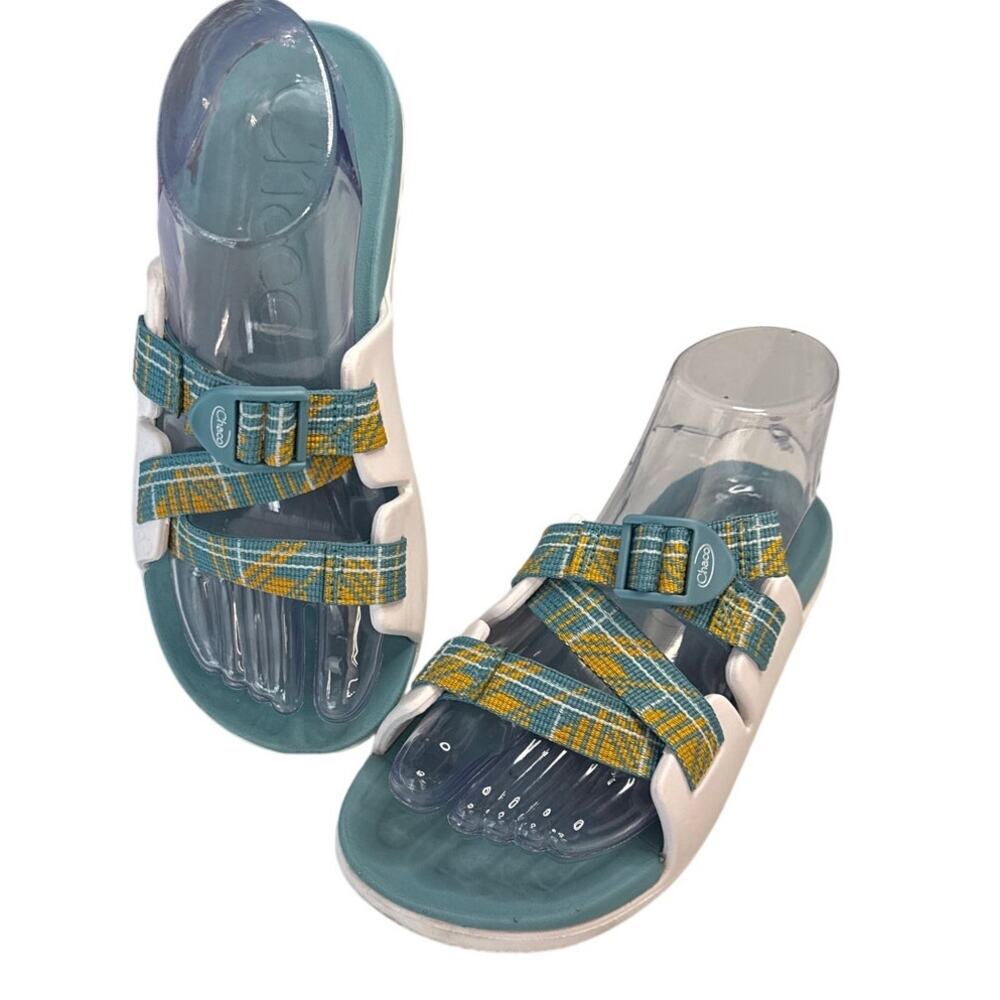 Chaco Lightweight Cushioned Kid's Slides Size K6 in Teal and White